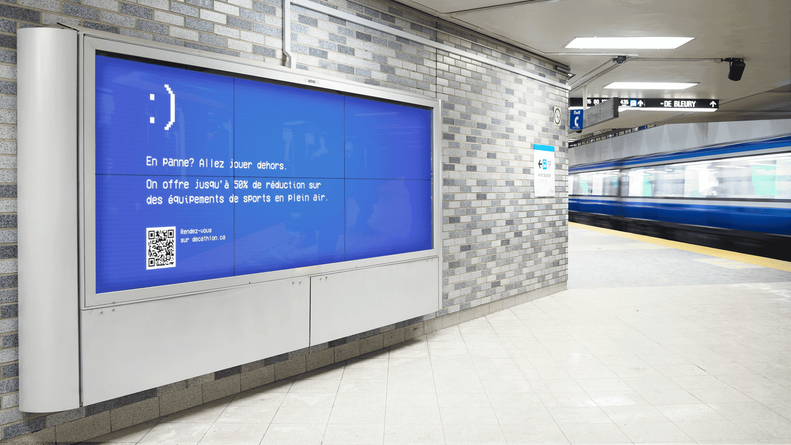 Digital billboard at subway station promoting outdoor activities.